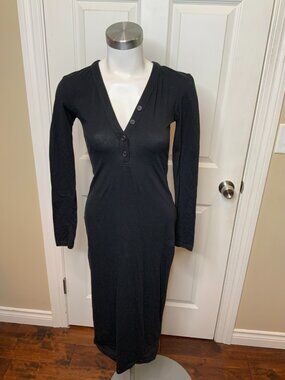 Standard James Perse Black Jersey Long Sleeve Henley T-Shirt Dress, Size 0 | XS